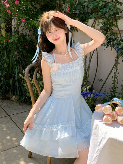 Ärmel Hellblau Flatterkleid Rock Asymmetrisch Chiffon Neckholder Stufen