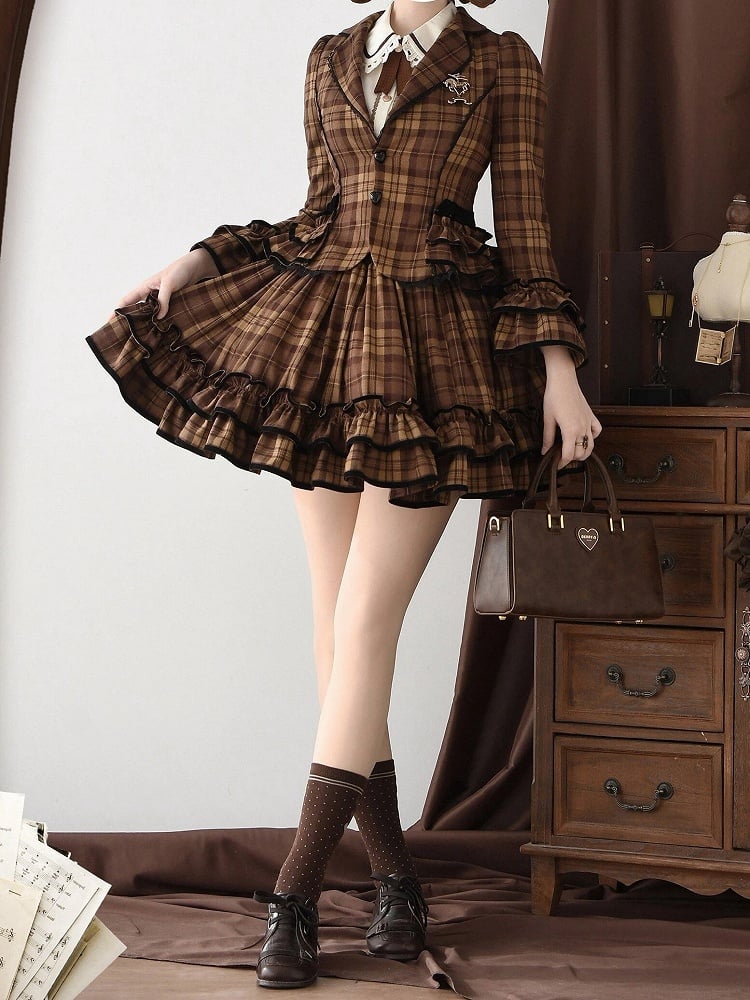 School Brown Blazer Old Notched Skirt Ruffled Plaid + - Lapel Lolita Set