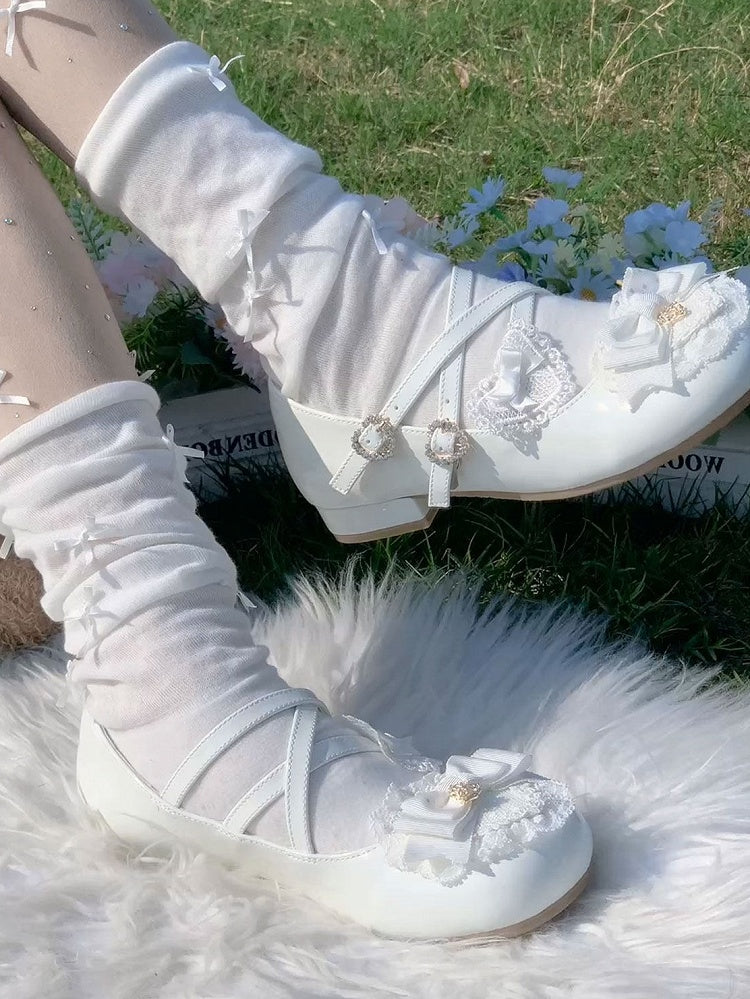 Sweet Mary Rhinestone Low-heel - Closure Heart White Janes