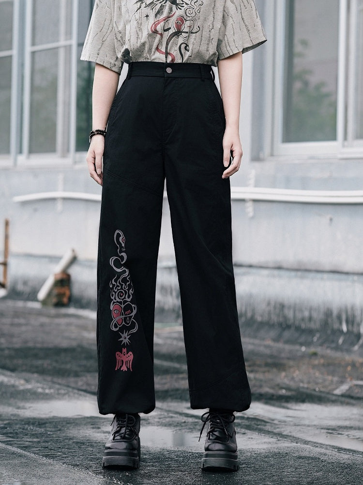 Black Totem Print Straight-Leg Pants with Drawstring Cuffs - Quirky Hut