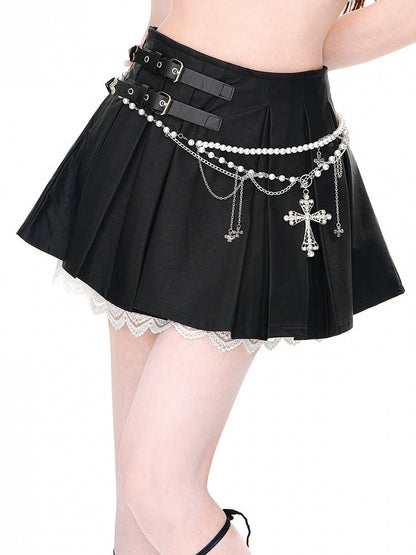 Schwarzer Rock mit hoher Taille und Spitzenbesatz mit Doppelschnalle und Kellerfalten