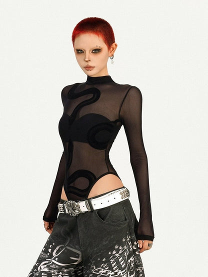 Black Punk Sheer Long Sleeve Top with Snake Pattern Decoration