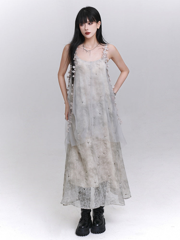 Gray with Ribbons Layered Dress Embroidered Slip Tulle Floral Hem Asymmetrical