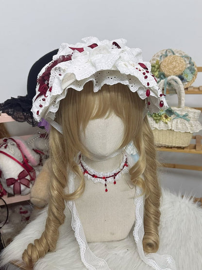 Lolita Rose Bonnet White Red Lace Bead Gothic Trim