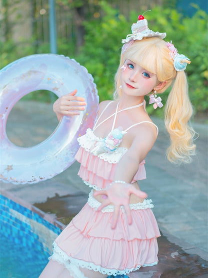 ピンクのティアードフリルディテールレーストリム水着 蝶結び