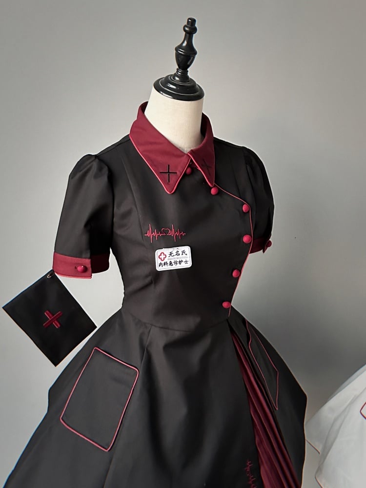 Schwarzes und rotes Halloween-Kostüm für Krankenschwestern, Lolita-Kleid, komplettes Set