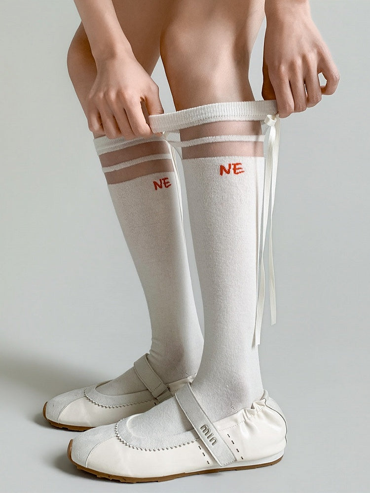 Striped Calf Socks in Milk White with Bow & Letter Details - Night Experiment