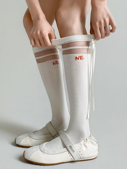 Striped Calf Socks in Milk White with Bow & Letter Details - Night Experiment