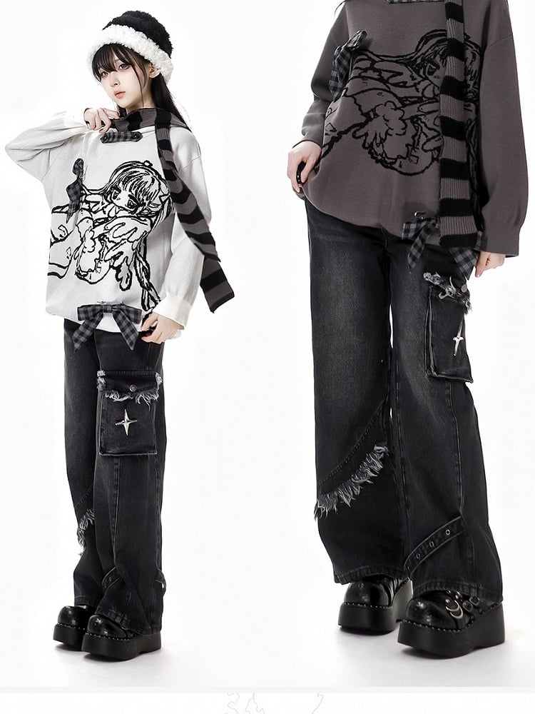 Dunkelgraue Jeans mit geradem Bein und offenem Saum