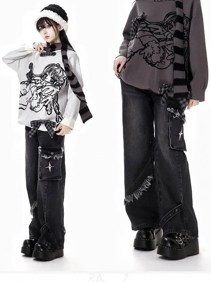 Dunkelgraue Jeans mit geradem Bein und offenem Saum