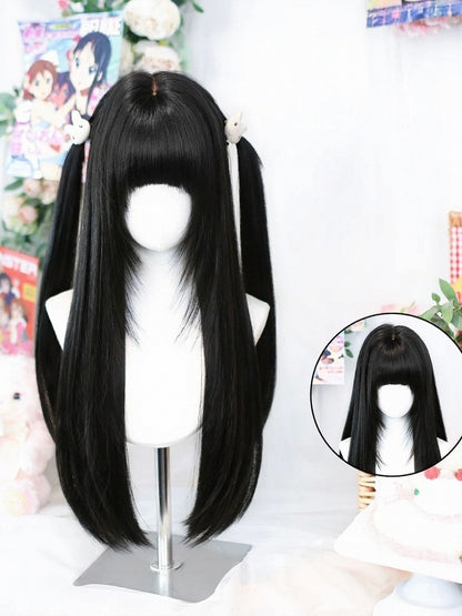 Black 70cm Long Straight Wig with Full Bangs - Dalao Home