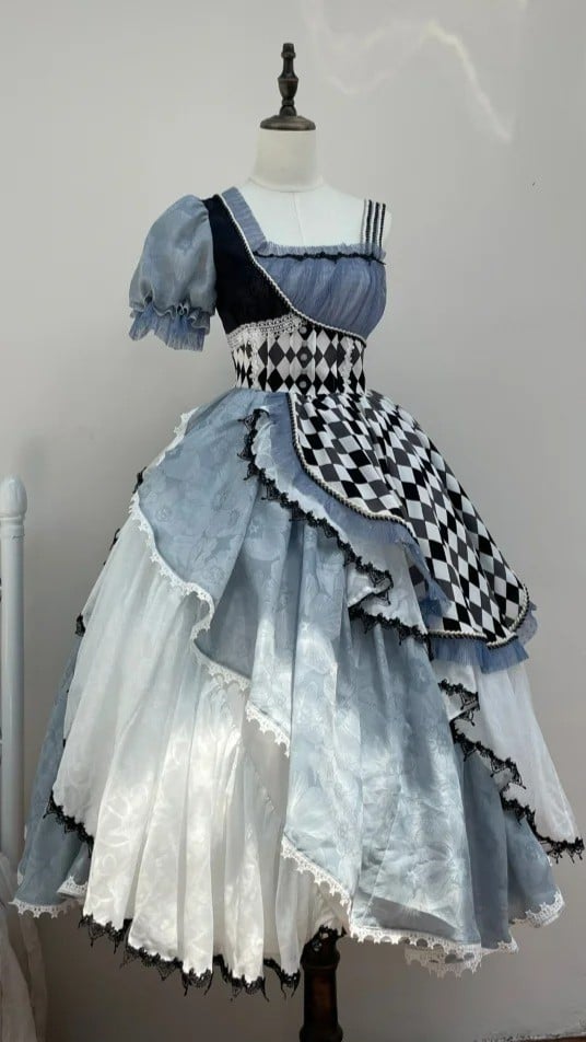 Alice in Wonderland Blue Checkerboard Lolita Dress - Long Asymmetrical
