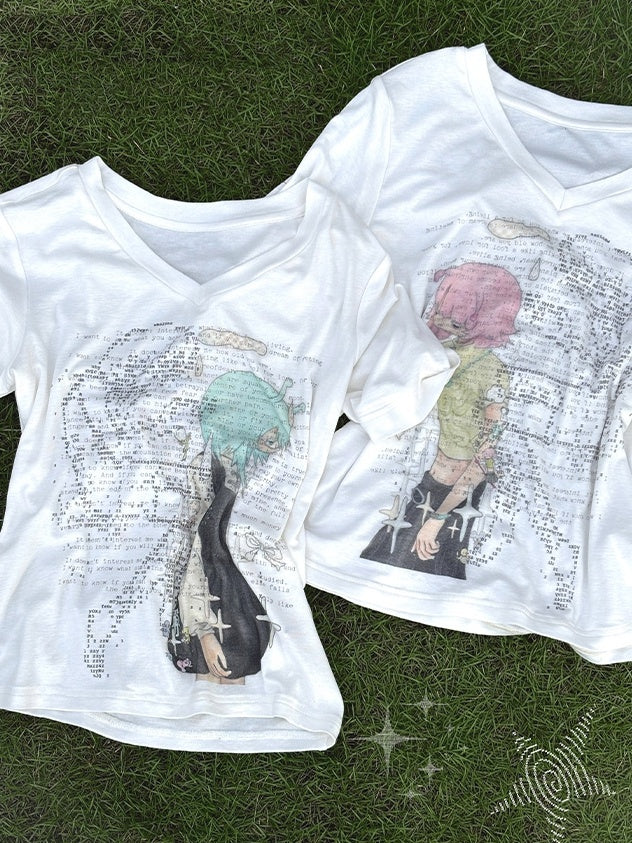 Green/Pink Anime Girl Print V-neck T-shirt
