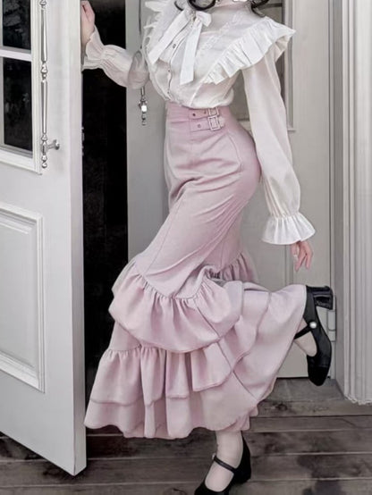 Pink - Ruffled Mermaid Rhinestone Style Long-Sleeve Two-Piece Jirai White Bow Pure Set Kei + Top Skirt