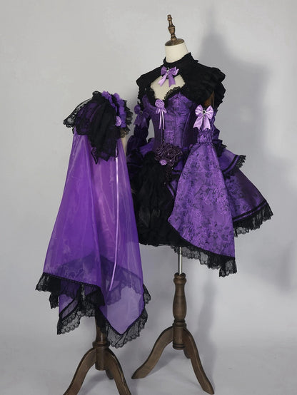 Purple Black Gothic Corset Ensemble Skirt Collar Bell Sleeves Set - Somnium Isle