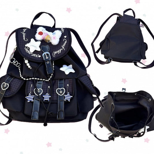 Black Plaid Y2K Backpack with Multi-Pockets & Fluffy Star & Bone Decor Vintage Grunge Style