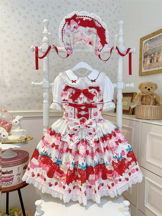 Süßes Lolita-Kleid mit Erdbeer-Dessert und weißem Aufdruck