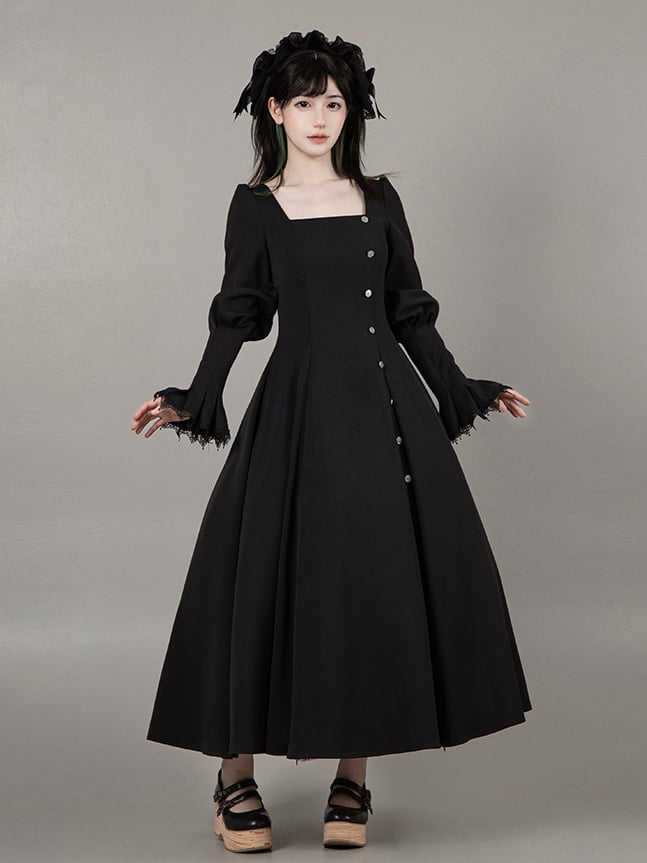 Neckline + White Black Embroidered Dress Gothic Print Square Collar Lolita