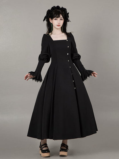 Neckline + White Black Embroidered Dress Gothic Print Square Collar Lolita