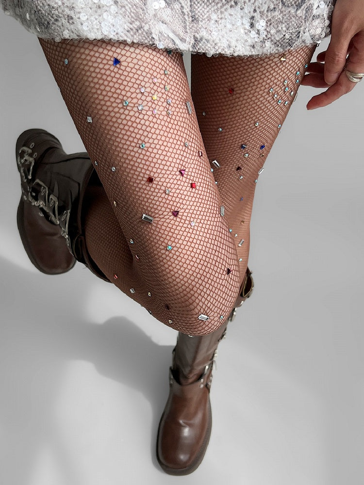 Rhinestone Fishnet Decorated White/Brown Tights