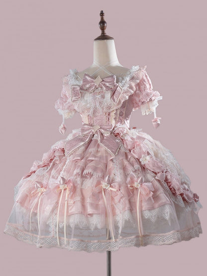 Bead Strawberry Theme Dress Lolita Style Accents Sweet Bow Hanayome Lace and with Pink