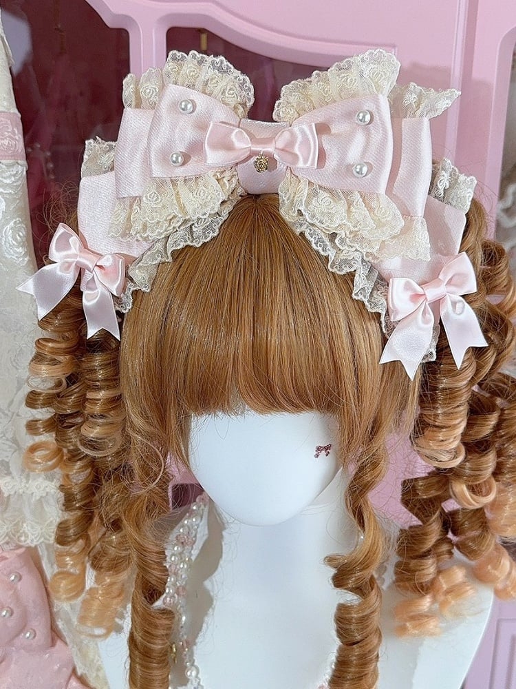 Beaded Lace Trim Decorated White/Beige/Blue Big Bow KC