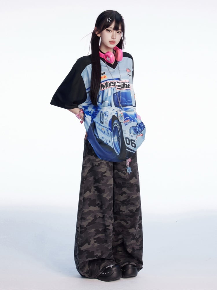 Blau Schwarz und T-Shirt Colorblock V-Ausschnitt Racing Print Loses Design