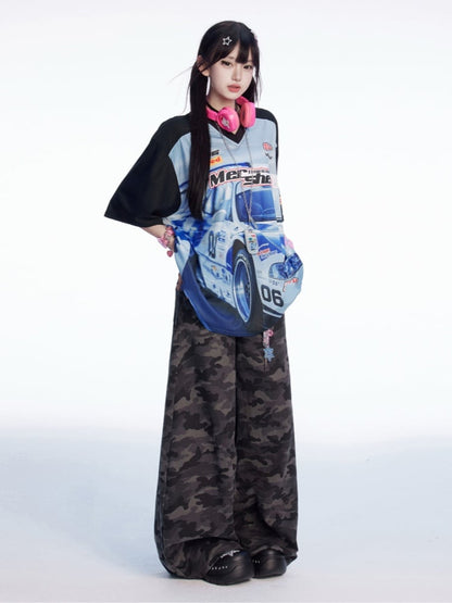 Blau Schwarz und T-Shirt Colorblock V-Ausschnitt Racing Print Loses Design