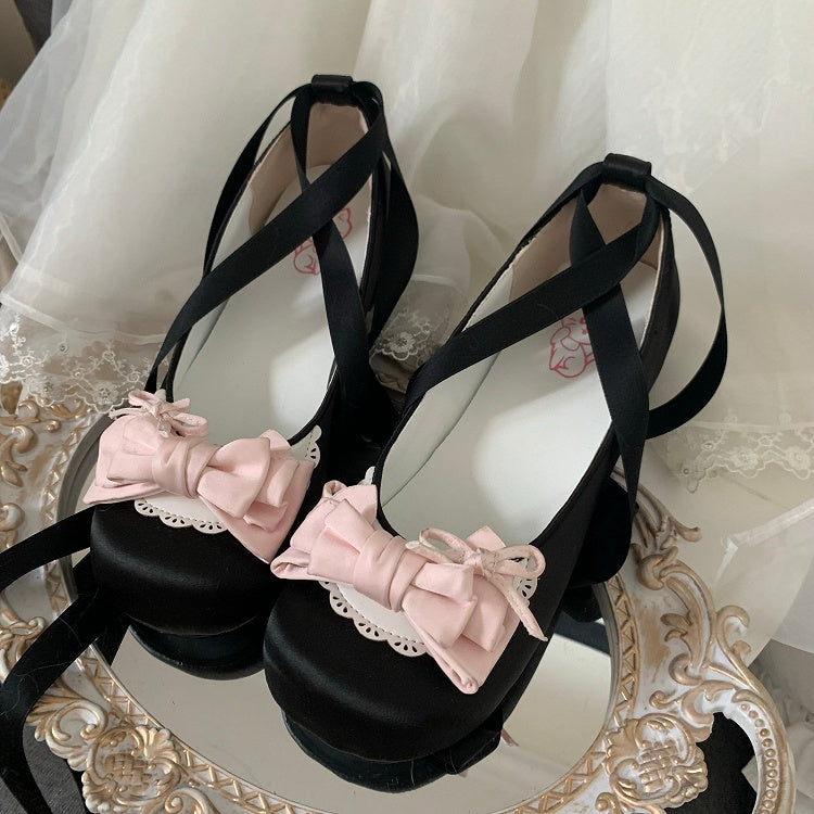 Low-heel Black & Pink Round-Toe Satin Mary Janes - Bow Accents & Heart Snap with Scalloped Trim