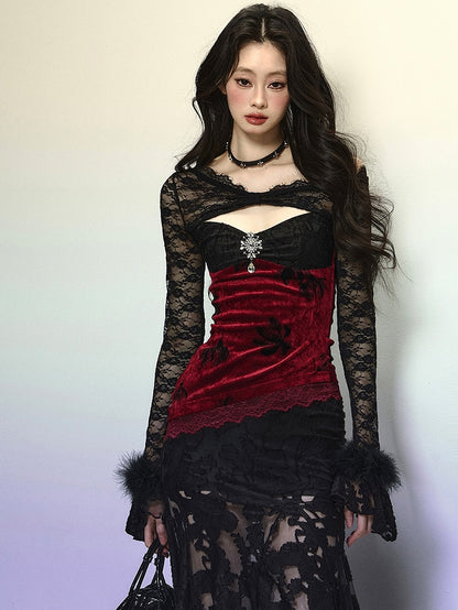 Black Asymmetrical Neckline Red Velvet Patchwork Semi-sheer Mermaid Skirt Dress Evening Gown