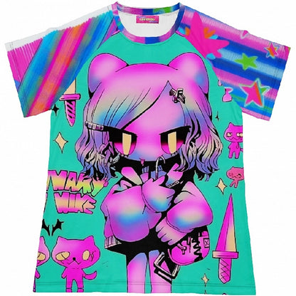 ギャルのカラフルな漫画のショートストライプファッションパターンプリントスリーブTシャツ