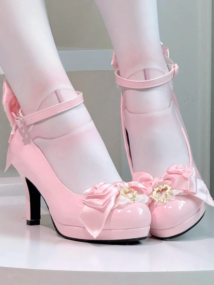 PU Closure Janes Heeled Top Elegant Heart Mary Lolita Bow Pink Lace - Trim Snap with
