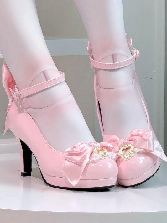 PU Closure Janes Heeled Top Elegant Heart Mary Lolita Bow Pink Lace - Trim Snap with
