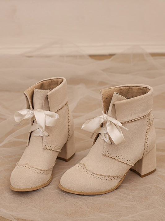Scalloped Hem - Block Heel Beige Fold-over Regular/Thicken Boots High Cuff Version with