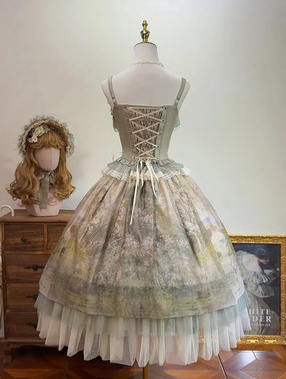 Green Oil Painting Print Flowers Tulle Hemline Lolita Skirt