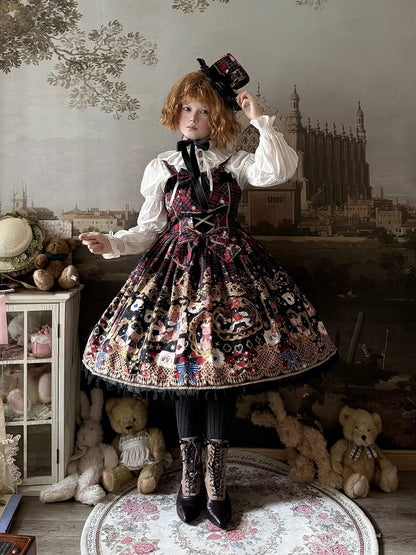 Lolita Trim Details Dress with Sweet Bear Black Lace Red Bow Print Plaid and