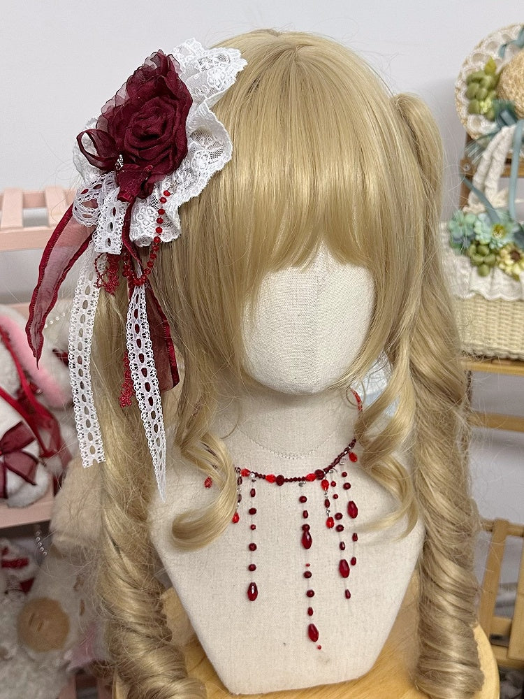 Beads Trim Hairclip/Brooch Bow Lace Rose Red With Gothic Lolita