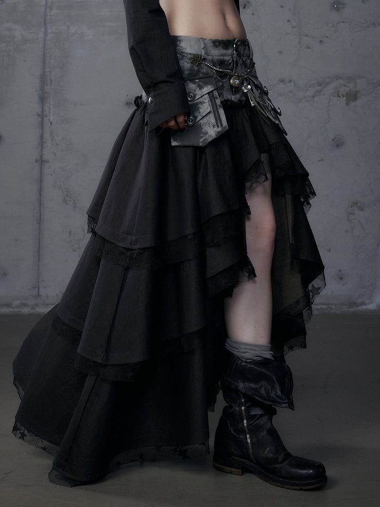 Dark Tiered Aesthetic Blackish-Green with Leather Punk Skirt