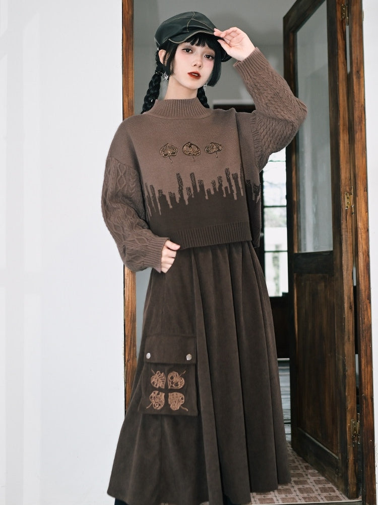 Leaf Sweater with Cheongsam Goth Brown Design Neck Mock Embroidery