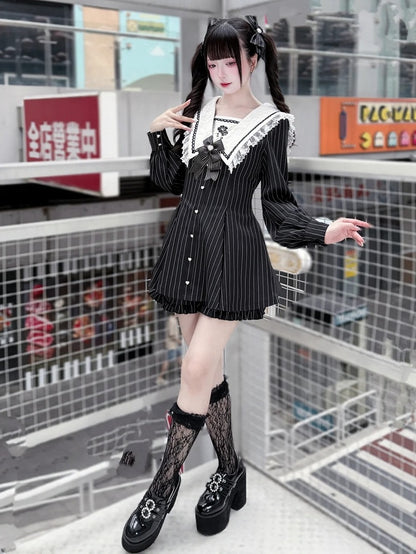 Black Striped Sailor Collar Long-Sleeve Dress with Cherry Blossom Embroidery and Matching Shorts - Dream Core Waves