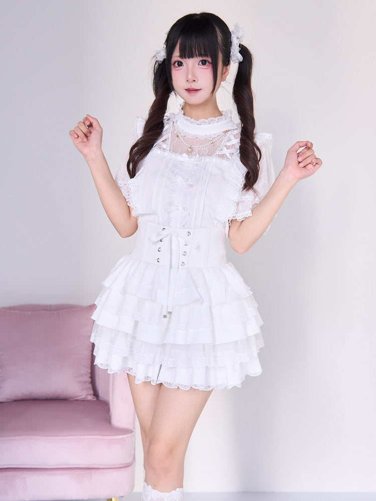 Sleeves Jirai Kei White Short Blouse with Criss-cross Illusion Neckline and Beaded Chains