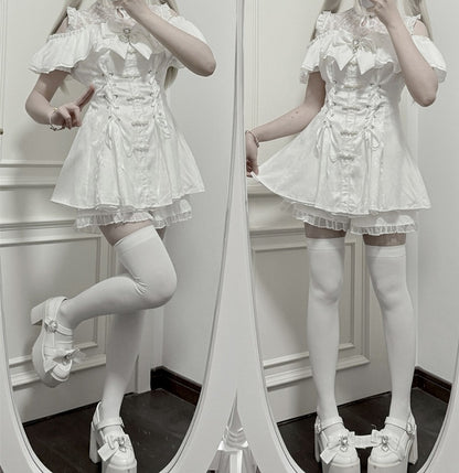 スタイルイリュージョン ボウタイ ミニドレスセット - ケイ チャイナドレス ホワイト + ショーツ ジライネックライン + ベルスリーブ