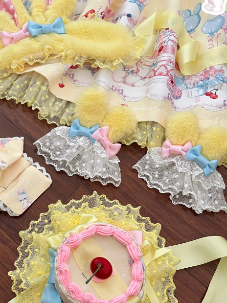 Yellow Ears Bunny Cuffs / Pink Plush Wrist Lolita Sweet