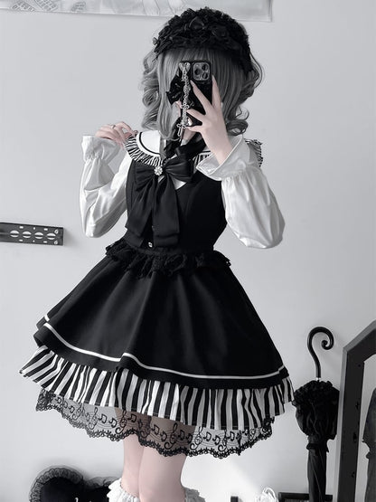 Schwarze Jirai Kei Sailor Collor Bluse mit hoher Taille und Spitzenbesatz, Overall-Kleid-Set