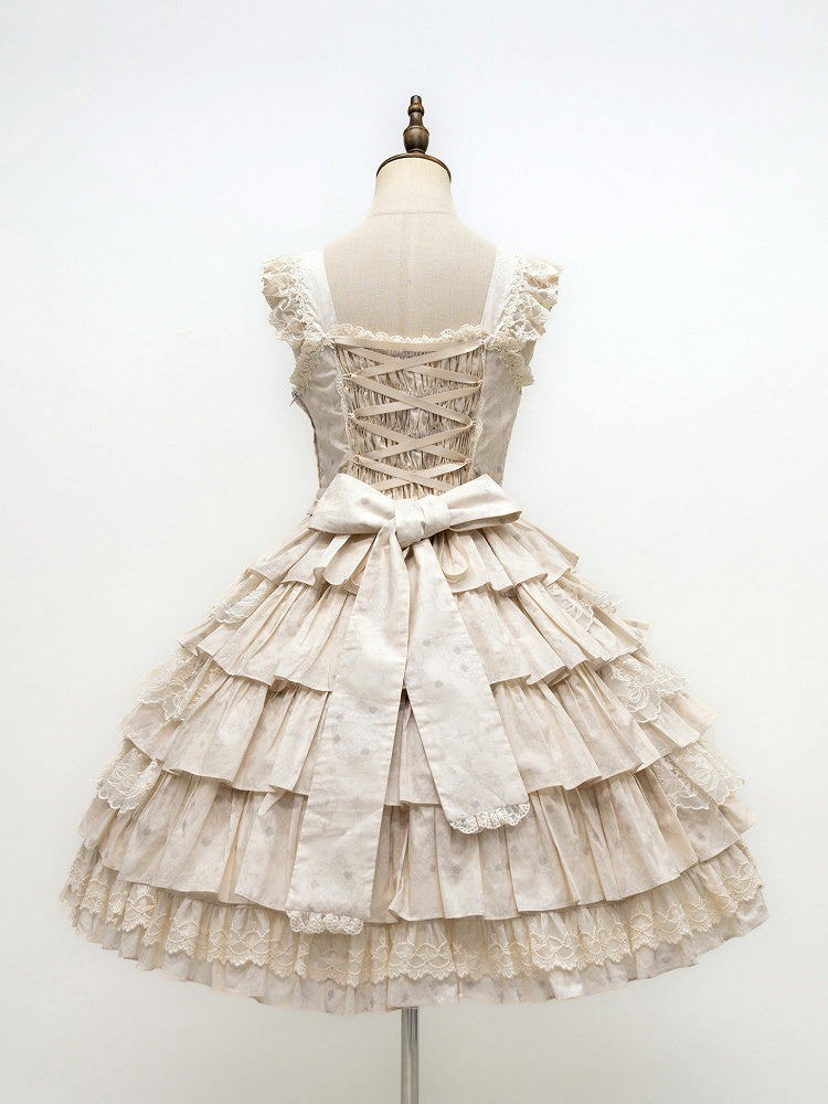 Beige and Brown Bunny Print Layered Ruffle Jumper Skirt with Bows - NnSTAR