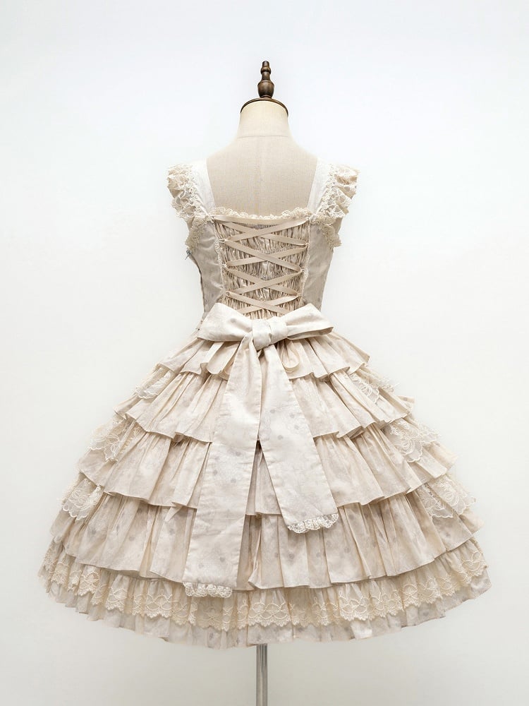 Beige Brown Bunny Print Ruffle Sweet Lolita Jumper Skirt with Bows - NnSTAR