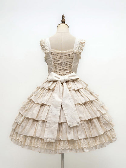 Beige Brown Bunny Print Ruffle Sweet Lolita Jumper Skirt with Bows - NnSTAR
