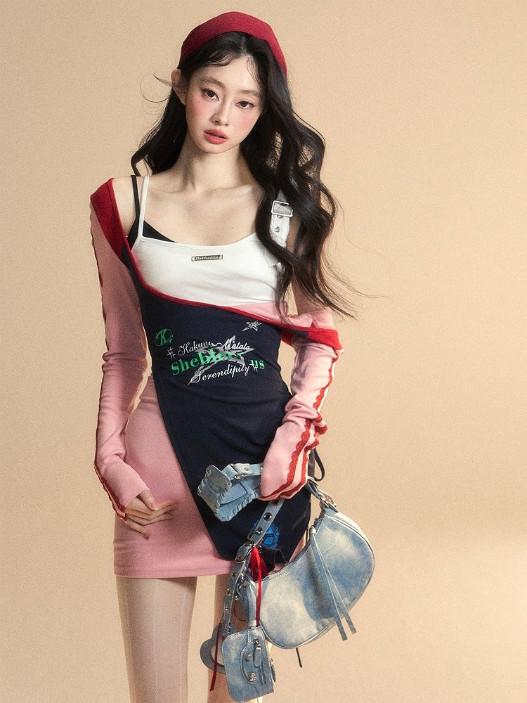 Taille Patchwork Design Glamouröse Rosa Kleid Hohe Mini