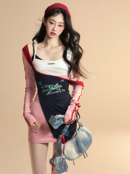 Taille Patchwork Design Glamouröse Rosa Kleid Hohe Mini