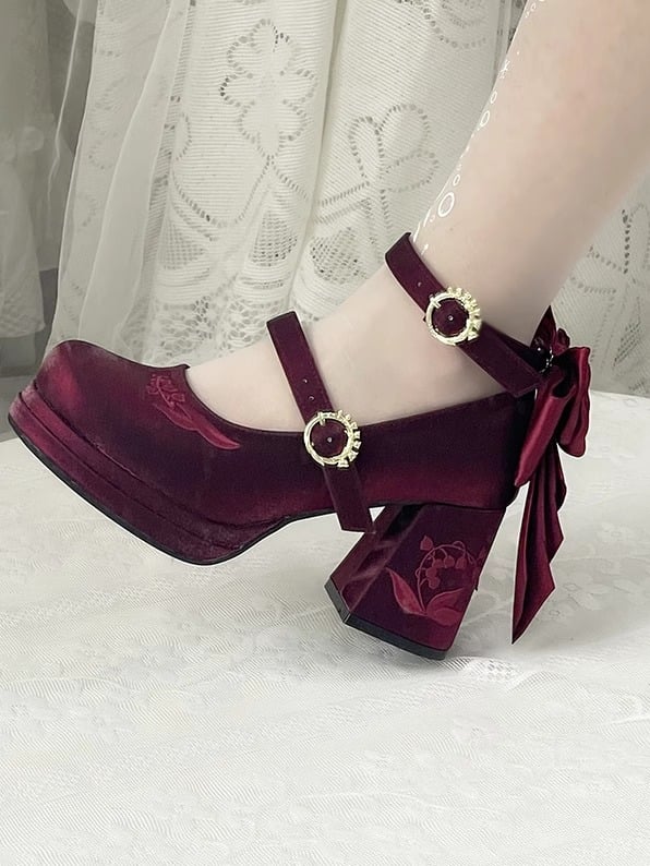 Mary die abnehmbare Stickerei Middle Janes Bowknot Red Lily Valley Wine of Heels